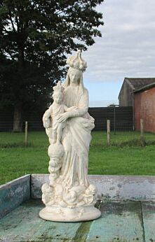 Vintage Virgin Mary Madonna with Child Plaster Statuette Chalk Angels White