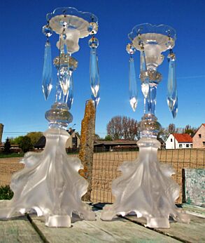 Antique Couple Pair of Glass Candle Holders Prisms Birds Gorgeous Rare