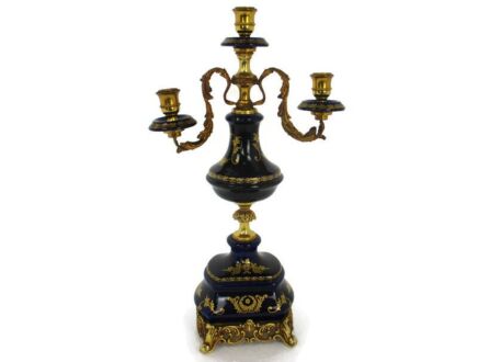 French  Candelabra Brass Porcelain Mignon Limoges  Decor Bleu Three arm Candle Holder