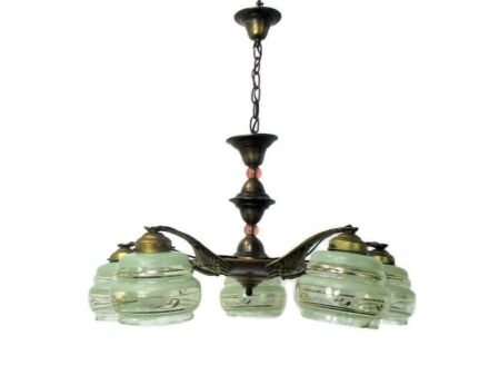 Art Deco Green Art Glass Shades Chandelier Lights Ceiling Lamp 5 arm Lights
