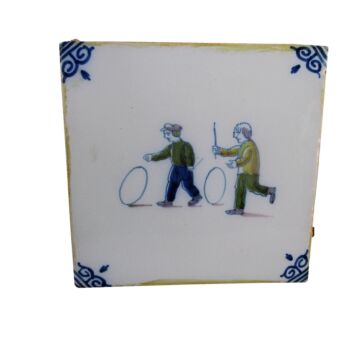 Dutch Vintage Polychrome Wall Decorative Tile Delft Marked Children Playing Hoop