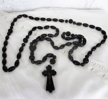 Very Large French Vintage Rosary Carved Wood Lourdes Paternoster Decorative HTF