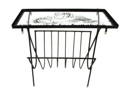 Side Table Magazine Rack Wrought Iron Legs Glass Top Hand painted Swans Vintage