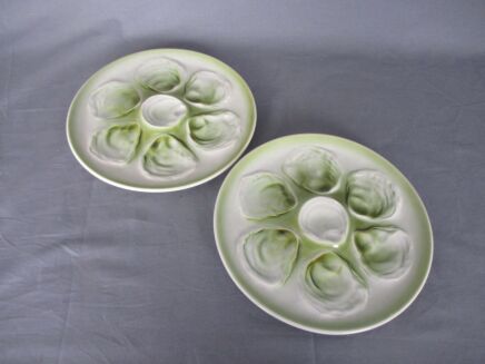 Set of 2 French Oyster Plates Porcelain Faience de St Amand Hand Painted Classy Stylish White Green Marked
