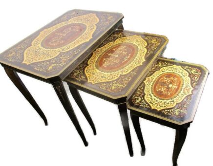 set of 3 Vintage Nesting Coffee Side Tables Cherubs Marquetry Music Box Italy