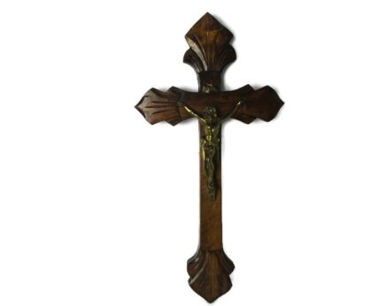 L Hand Carved Wood Hanging Ornate Crucifix Brass Corpus Jesus Christ Mid Century 23.81" 