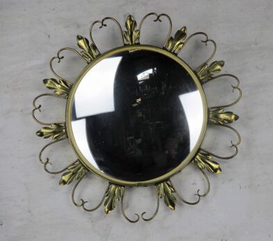 Vintage Starburst Sunburst Metal Wall Convex Mirror Mid Century Gold Leaves