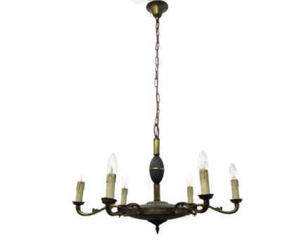 French Empire Chandelier Green Tole Brass 6 arm Hollywood Regency Toleware