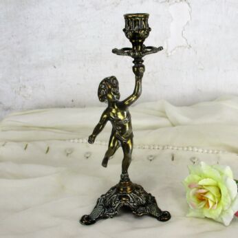 Vintage Embossed Brass Ornate Romantic Candle Holder Candelabra Putti Cherub