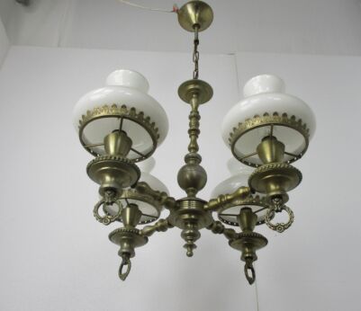 Chandelier Brass with Opaline Cased Glass Shades lampe Belge 4 Lights Lovely