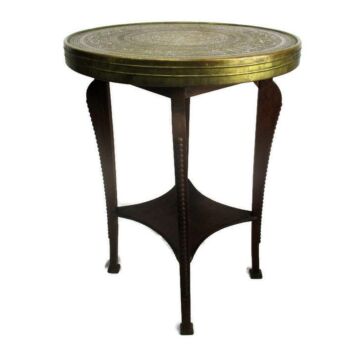 Wooden Side Wine Table Pedestal Plant Stand Faux Brass Top Ornate Hobnails