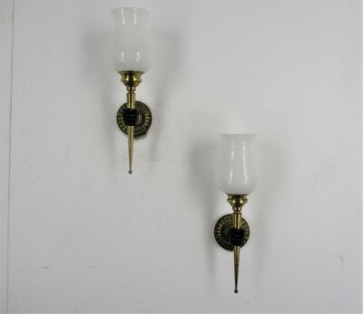 Pair French Bronze Maison Jansen Hand wall lights sconces 1960 Opaline Shades