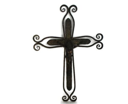 Beautiful Hanging Ornate Crucifix Cross Iron Copper Jesus Christ Mid Century 18.7"