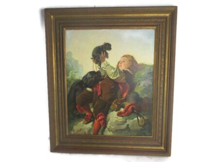 Oil Painting on Canvas Gorgeous Wooden Frame Musketeer Playing in the grass with dogs Puppy Signed Pieron