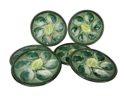 Set of 6 French Oyster Plates Porcelain Faience de St Clement Hand Painted
