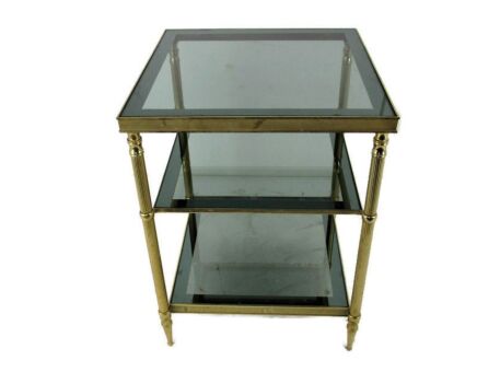 Mid Century Modern  coffee cocktail side table 3 tier tiered smoked glass Brass Design Gorgeous