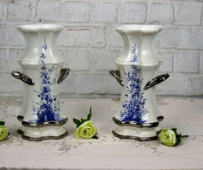 couple pair Trumpet vases Blue White Bassano Italy ceramic