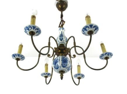 Dutch Delft Blue White Porcelain Ornate Brass Chandelier 6 Arm Lights Farm Style