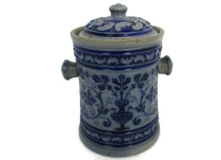 Antique Tobacco Jar Humidor Ceramic Pottery Majolica Blue White Marked