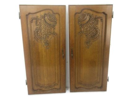 Pair Antique Hand Carved Oak Pheasants Door Panels Reclaimed Architectural Kitchen Cabinet Doors