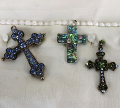 3 small Ornate Hanging Crucifixes Nun Priest Cross Decorative Glass Metal