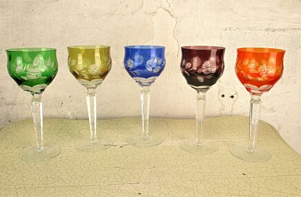 5 Champagne Wine Glasses Goblet Hock cut to Clear Etched Crystal Multi color