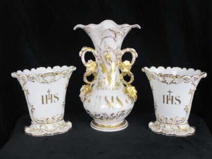 XL set of 3 Antique Porcelain Fan Flair Vases Centerpiece Church Chapel
