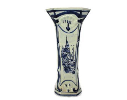 Delft Holland Blue White Porcelain Trumpet Vase de Delft Marked Seaside boats Church mid century