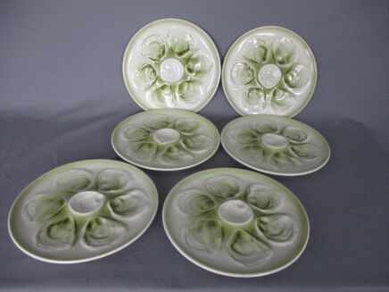 Set of 6 French Oyster Plates Porcelain Faience de St Amand Hand Painted Classy Stylish White Green Marked