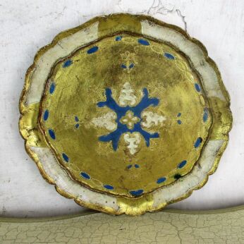 Small Round Italian Mid Century Hollywood Regency Florentine Serving Tray Blue