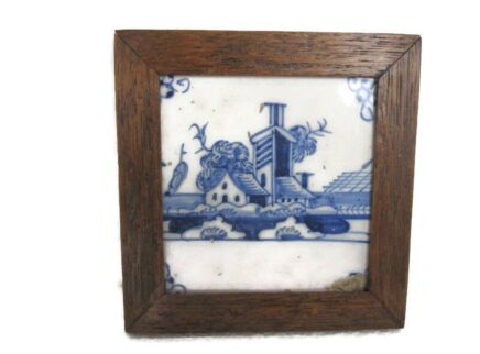 1800 Antique Delft Tile Dutch Decorative Blue White Landscape Framed