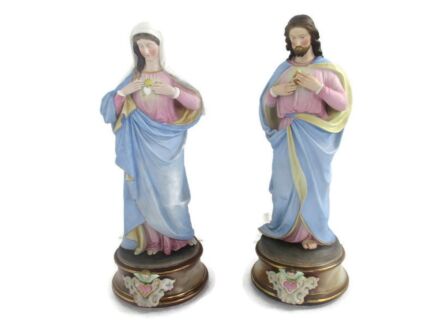 Pair Large Antique Porcelain Statues Virgin Mary Madonna  Jesus Christ Holy Heart WOW