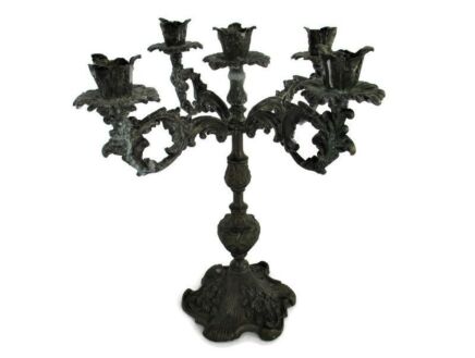 Vintage Faux Brass Spelter Ornate Embossed 5 arm Candle Holder Stick Candelabra Beautiful