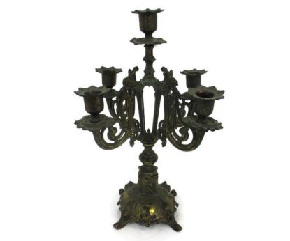 Antique  Ornate Candle Holder Stick Candelabra 5 arm Brass Faux Brass Spelter