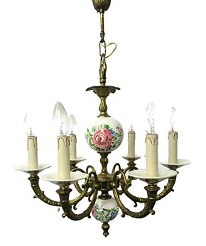 Romantic chandelier 6 arm Lights Brass Porcelain Flowers Vintage 50s