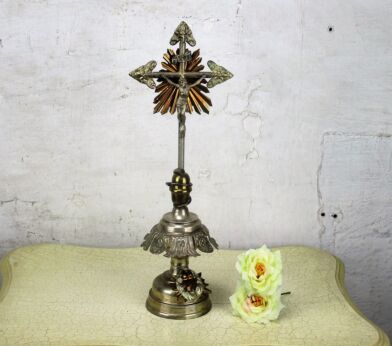 Antique Standing Crucifix Jesus Christ Sacred Heart Snake Garden of Eden 18.11"