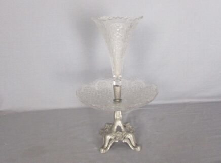 French  Epergne Trumpet Double Vase Clear Glass Center Table Piece Pique Fleur Faux brass