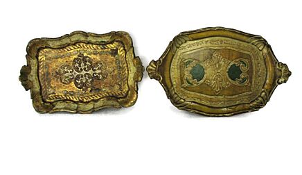 set of 2 small Mid Century Italy Hollywood Regency Florentine Serving Tray White Yellow Gold Wood Decoration Ornate