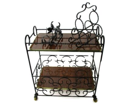 Bar Cocktail Tea Cart Trolley Mid Century Modern Kitchen Island Wood Veneer Wrought Iron Ornate WOW 2 Bottle holders