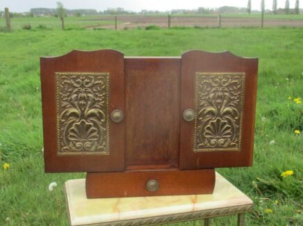 Vintage French Wood Medicine Wall Cabinet Apothecary double Doors Brass Ornament