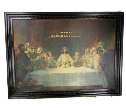XL Vintage Wooden Frame Jesus Christ Last Supper Print after Kaspar Schleibner