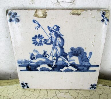 1800 Antique Delft Tile Dutch Decorative Candelabrum Fisherman Blue White HTF