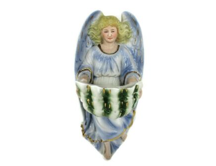 Vintage Holy Water Font Vessel Angel Bisque Porcelain Pastel Beautiful 6.49"