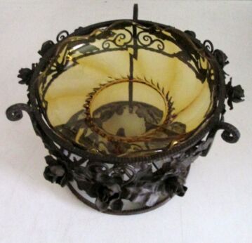 Antique Art nouveau Hammered Wrought Iron Vandeputte Centerpiece Amber Glass Bowl Basket