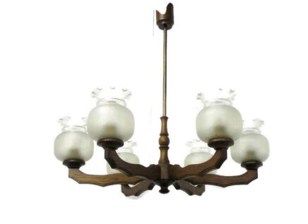 Architectural Art Deco lounge Chandelier Etched Glass Shades 6 Arms Lights Wood