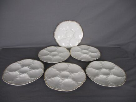 Set of 6 Oyster Plates Porcelaine de Baudour Cerabel White Gold Rim Belgium