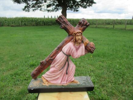 Large Plaster Antique Jesus Christ Statue Carrying Cross Crucifix 18.5"