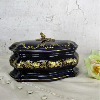 French Limoges Marked Dish Centerpiece Brass Decoration Coupe Table Cobalt Blue