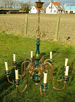Antique Italian Brass Chandelier Porcelain Flowers 3 lights