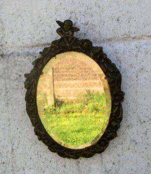Beautiful Small Oval art brass Wall Hanging Beveled Glass Mirror putti